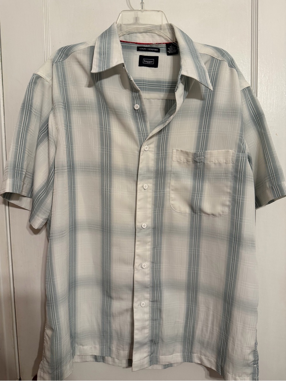 Haggar Short-Sleeve Plaid Button-Down Shirt - White & Light Blue